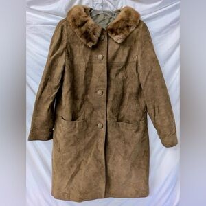 Women's Vintage Brown Suede Leather Button Up Coat with Mink Fur Collar